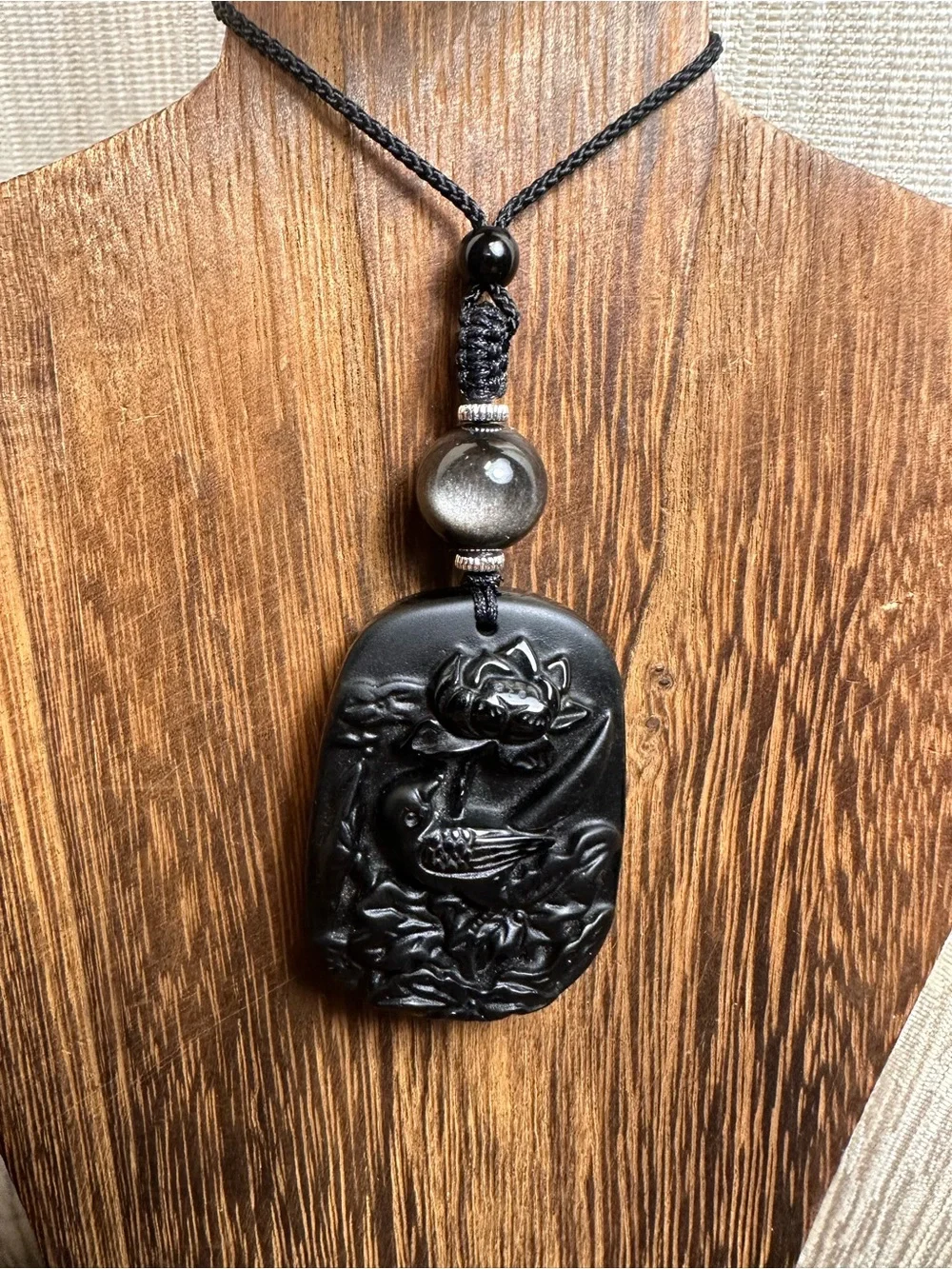 Obsidian Bird and Lotus Carving Pendant Necklace on Black Adjustable Rope
